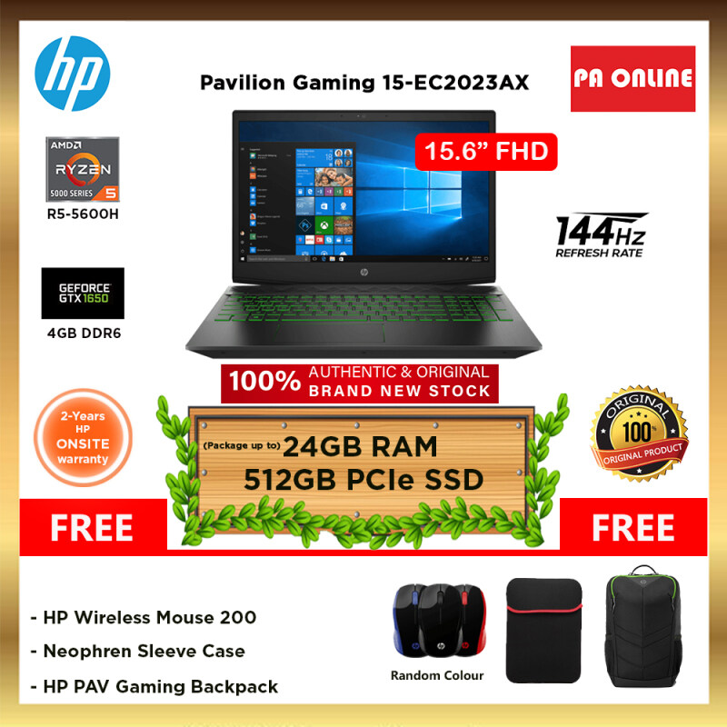 HP Pavilion Gaming 15-ec2023AX (24GB RAM) -AMD Ryzen 5 5600H /8GB-24GB RAM /512GB SSD /15.6 FHD IPS 144hz /4GB NVD GTX1650 /Win 10 /2 Years Malaysia