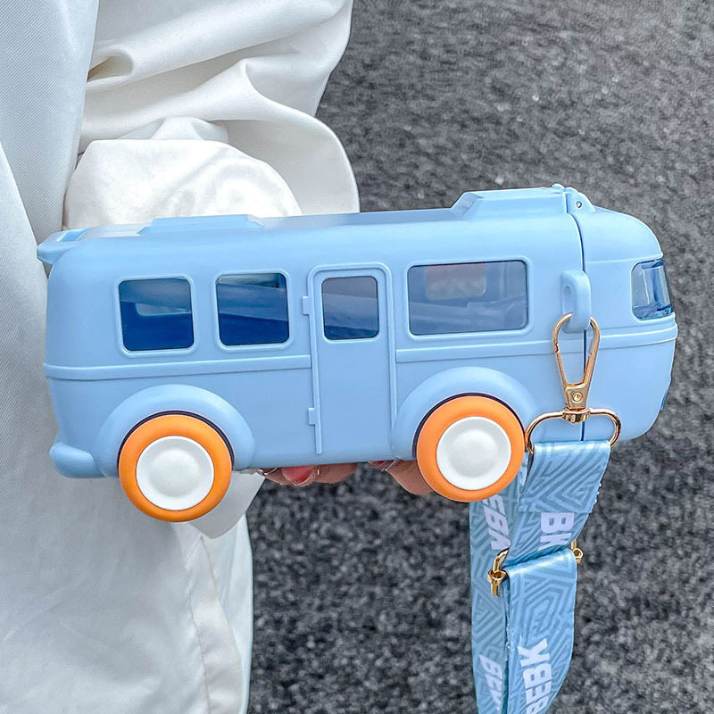 Teeker Cartoon Children's Bus Inertial Car Shape Straw Water Bottle Student Sling Water Drinking Cup Mother And Baby Mug 500ml