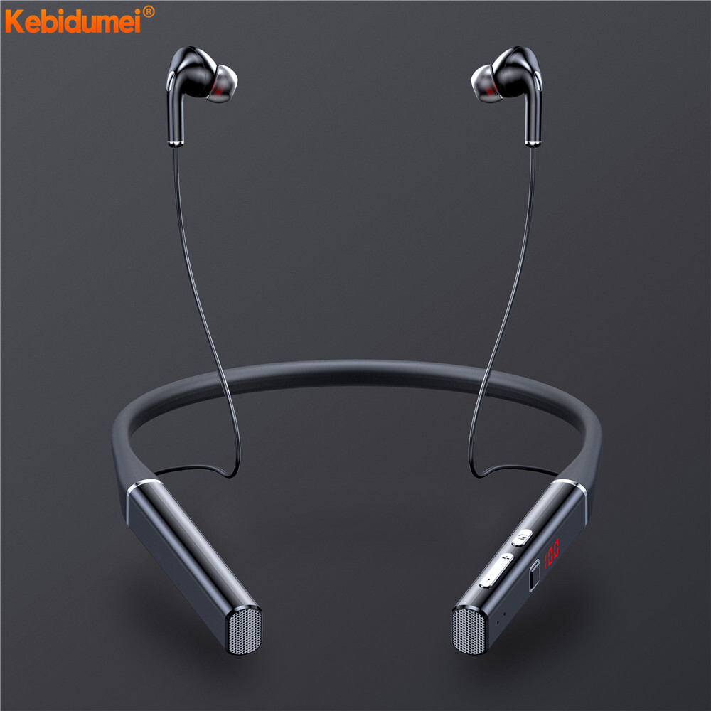 Kebidumei Bluetooth 5.0 Earphone Neckband Wireless Earphones LED Digital Display Stereo Music Earbuds Support Memory Card with Mic