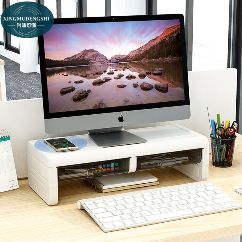XMDS Desktop computer, elevated shelf, office desktop, monitor, screen base, bracket, keyboard, organize, shelf