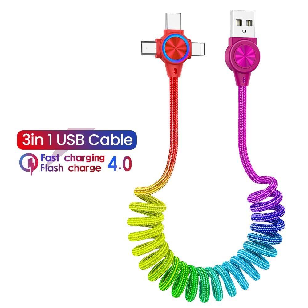 JUNRU3703 Cáp Dữ Liệu Cáp USB 3 In1 Chất Lượng Cao Cáp Lò Xo Cáp Sạc Phụ Kiện Điện Thoại Dây Sạc Nhanh Cáp Dữ Liệu USB Dây Sạc Nhanh Type-C