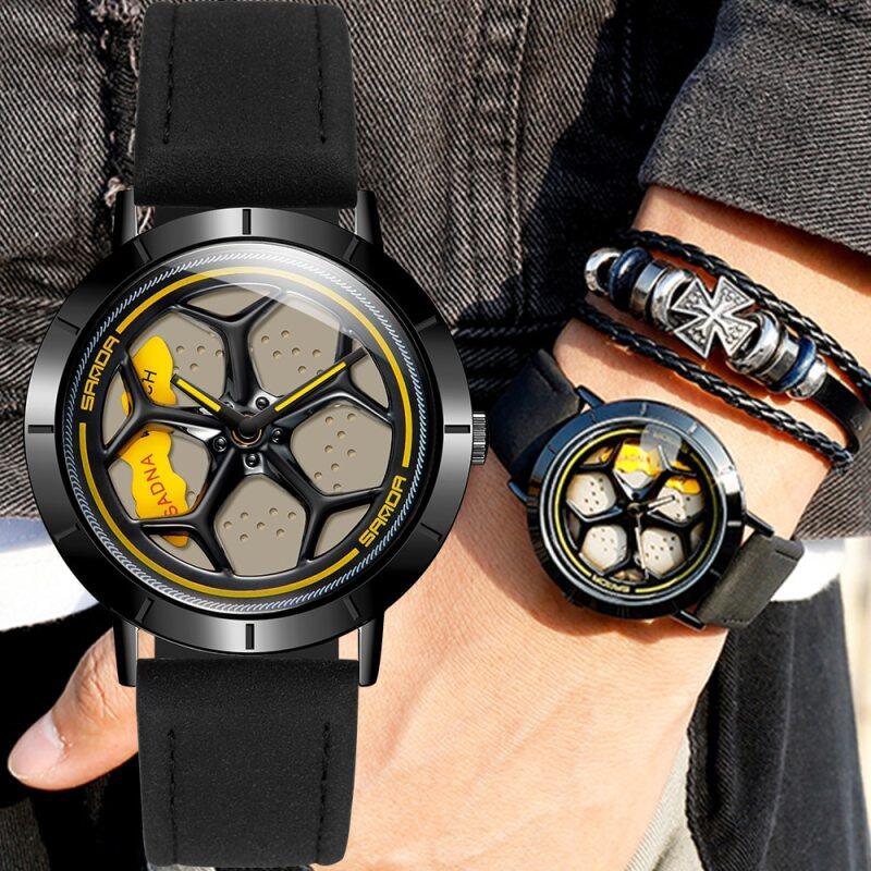 New Hot Sell Fashion Men Watches Sport Car Wheel Rim Hub Men Quartz Watch Leather Waterproof Creative 360 Degree Rotating Clock Malaysia