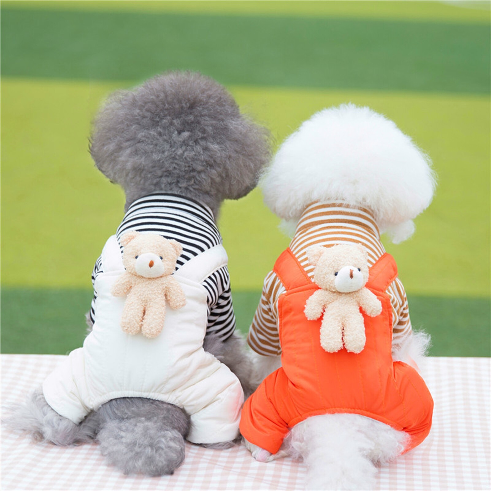 Pet Jumpsuit Super Soft Button Closure Cartoon Design Stripe Pattern Windproof Keep Warm Acrylic Fibers Winter Warm Four-Legged Pet Clothing with Bear Decor Pet Supplies