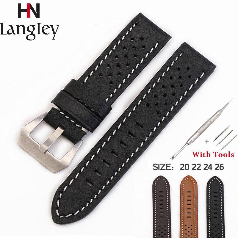zhangeer 20mm 22mm 24mm 26mm New Softness Cowhide Slub Grain Black Watchbands Genuine Leather Strap Watch Band For Men Women Wristwatch Ventilation Bracelet