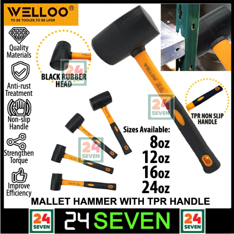 Welloo Heavy Duty Rubber Mallet Hammer Double Face Rubber Hammer With High Quality TPR Handle Mallet Hammer Size 8oz 12oz 16oz 24oz / Double Face Rubber Hammer / Tukul Getah