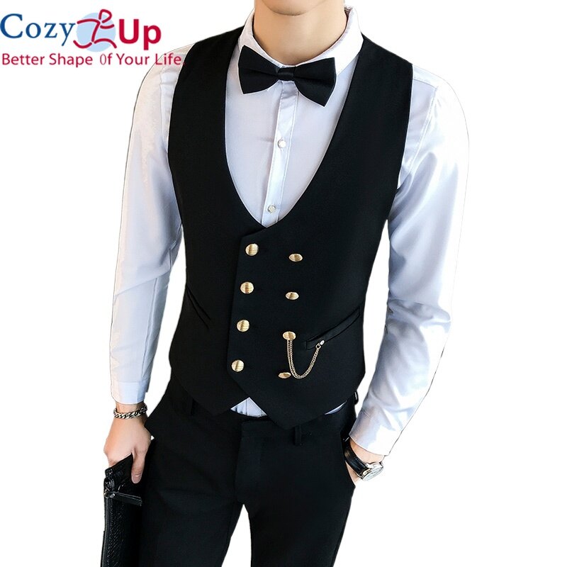 Cozy Up Men Vest Jacket Metal Double-breasted V-neck Short Casual Solid Color