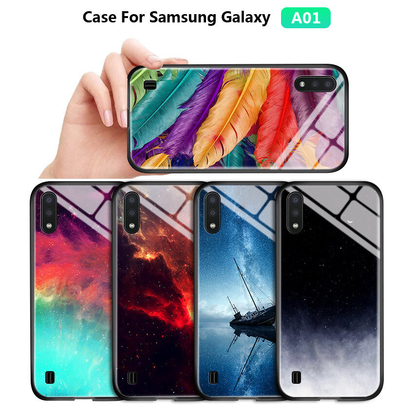 Hontinga For SAMSUNG A01 Case Aurora Galaxy Space Sky Starry Gradient Casing handPhone Case Shockproof Tempered Glass Back Cover