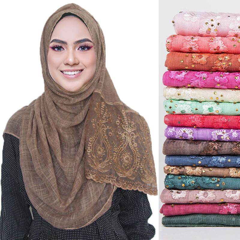 Bordir Floral Lembut Kapas Jilbab Syal Muslim Wanita Bunga Jilbab Selendang Syal Pashmina Selendang 180X80 Cm WJ407