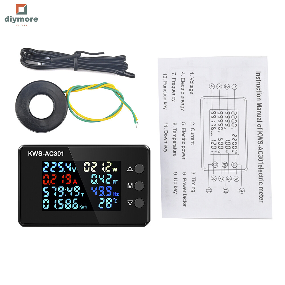 Diymore slope ac 50-300v 0-100a kws-ac301 color screen lcd display digital current voltage and current monitor meter power ammeter voltmeter