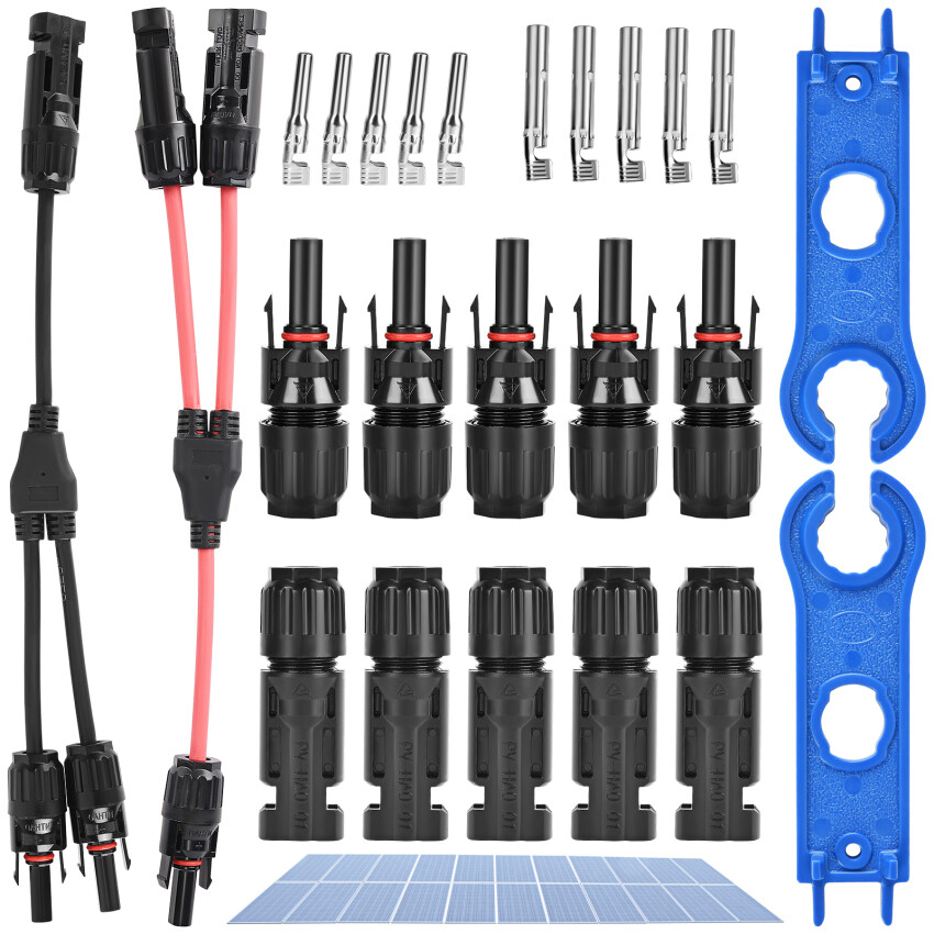 1 Pair Y Branch Connector Cable Splitter + 5 Pair Solar Photovoltaic Panel Connector,MC4 Male/Female Waterproof IP67olar Panel Cable With Spanners