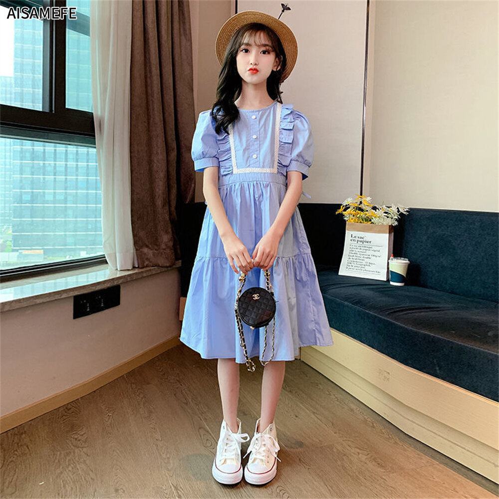 AISAMEFE 3-13 Years Teens Girls Dress Summer Korean Style High Waist Princess Dress Gentle Light Blue Kids Clothes Girls