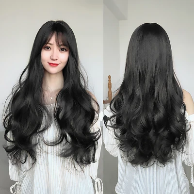 68cm black wig for women girl long wave curls Thin air bangs Hair style realistic wig set full headgear Europe America fluffy
