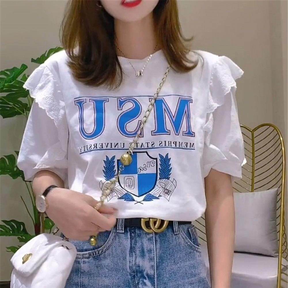 Round neck puff sleeve short sleeve T-shirt 2021 new female summer loose stitching lace ruffled letter printing top