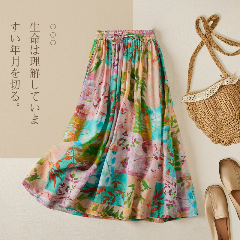 CottonDesign Women Vintage Totem Floral Print Pleats Casual A Line Skirt Faldas Mujer Female Elastic Waist Lace Up Chic Skirt Plus Size 3BD0446