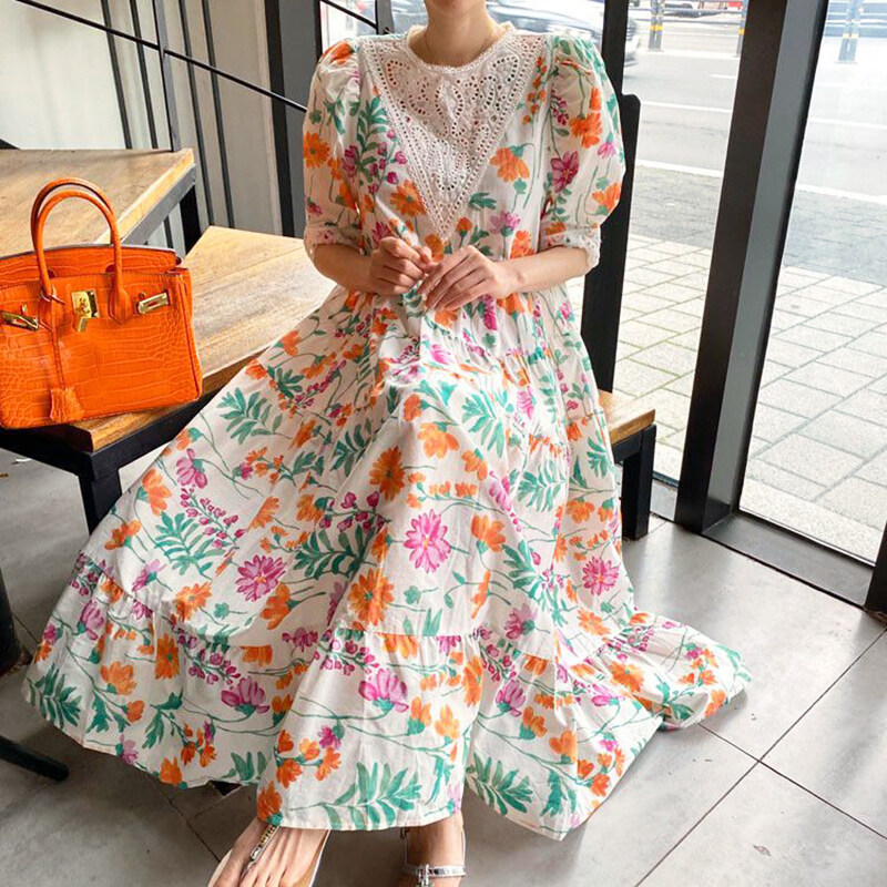 Hàn Quốc Chic Mùa Hè Phong Cách Tây Cổ Tròn Ren Xuyên Thấu Ghép Mảnh Dáng Suông Rộng Tay Bồng Nhỏ Hoa Nhỏ Đầm Váy Dài Nữ