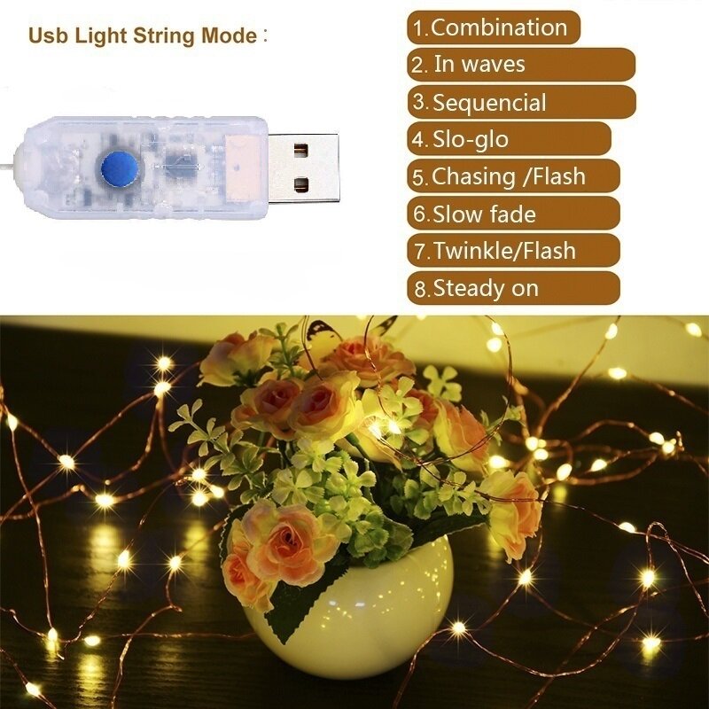 [YESPERY] Dây Đèn LED USB Đa Chế Độ 5M/10M Dây Đồng Dây Đèn Thần Tiên Dây Đèn LED Trang Trí Tiệc Đám Cưới Vòng Hoa Đèn Thần Tiên 50LED 100LED Trắng Ấm Cho Lễ Hội