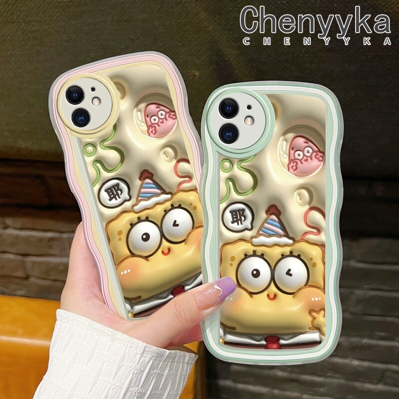 chenyyka Casing For iPhone 11 11 Pro 11 Pro Max Case Cartoon 3D SpongeBob Patrick Star Pattern Wave Border Soft Clear Shockproof Phone Cases Creative Camera Transparent Casing Silica Gel Protective Cover