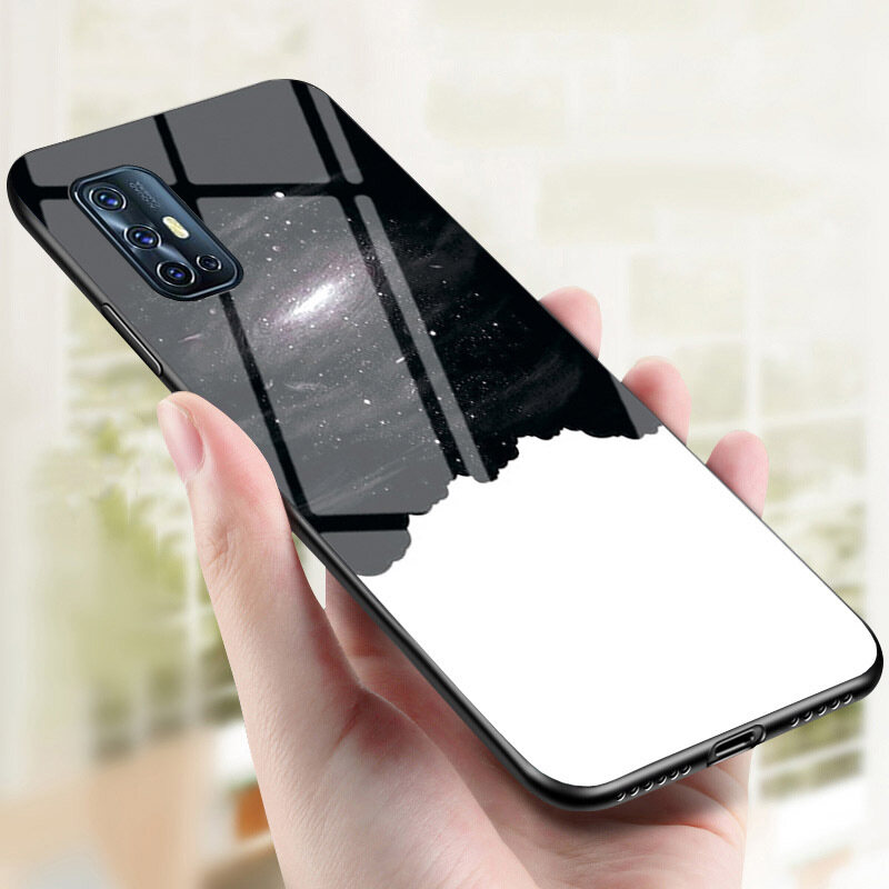 For Vivo V19 Neo Case, Luxury Starry Design 9H Tempered Glass Phone Case with Soft Silicone TPU Frame Shock Absorption Protective Casing Back Cover