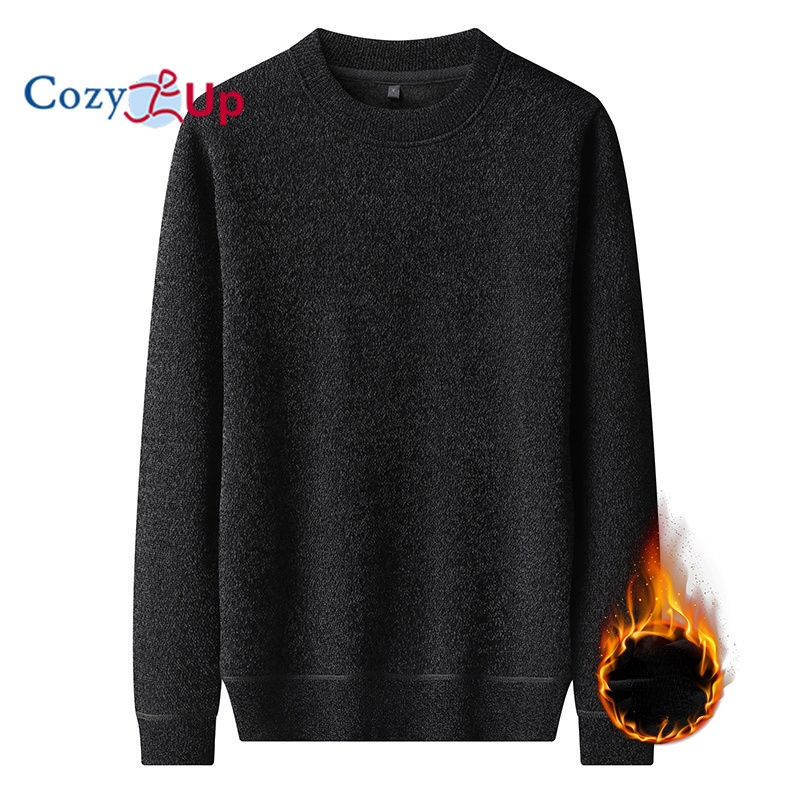 Cozy Up Men Long-sleeved Sweater Casual Round Neck Solid Color Plus Velvet Warm Pullover