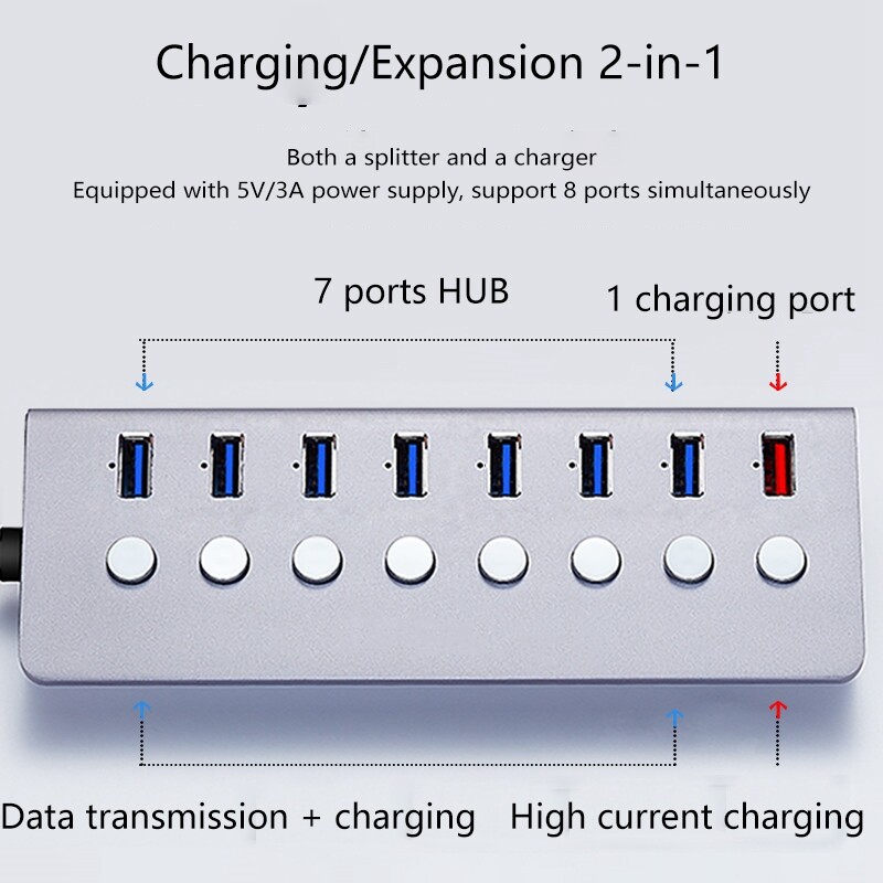 Bộ Chia USB JDB Usb 3.0 Với Công Tắc Độc Lập, Nguồn Điện Bên Ngoài, Bộ Mở Rộng Đa Giao Diện, Hub, Một Cho Bảy Cổng