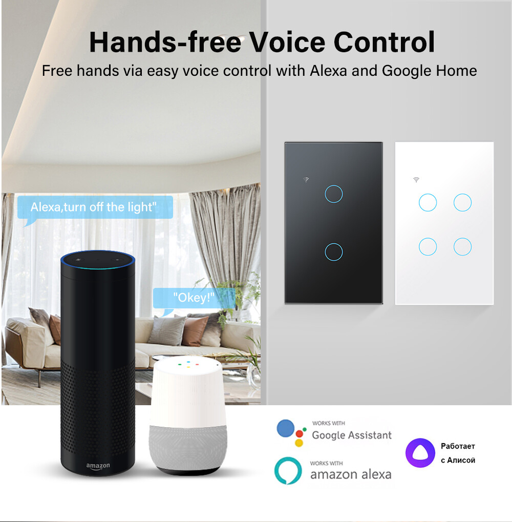 Tuya US Công Tắc Thông Minh Công Tắc Cảm Ứng Thông Minh Wifi Công Tắc Đèn Tường 100V-250V 10A 1/2/3/4 Gang Hỗ Trợ Ứng Dụng/Cảm Ứng/Điều Khiển Bằng Giọng Nói Nhà Thông Minh Thông Dụng 1108-