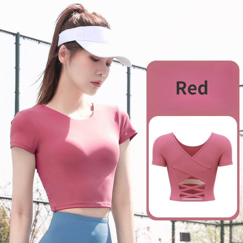 SUPERFLOWER Smukke Back Cross Yoga Slim Sports Overdele med BH-puder Elastisk Hurtigtørrende Fiess Kortærmede T-shirt_voghion.com