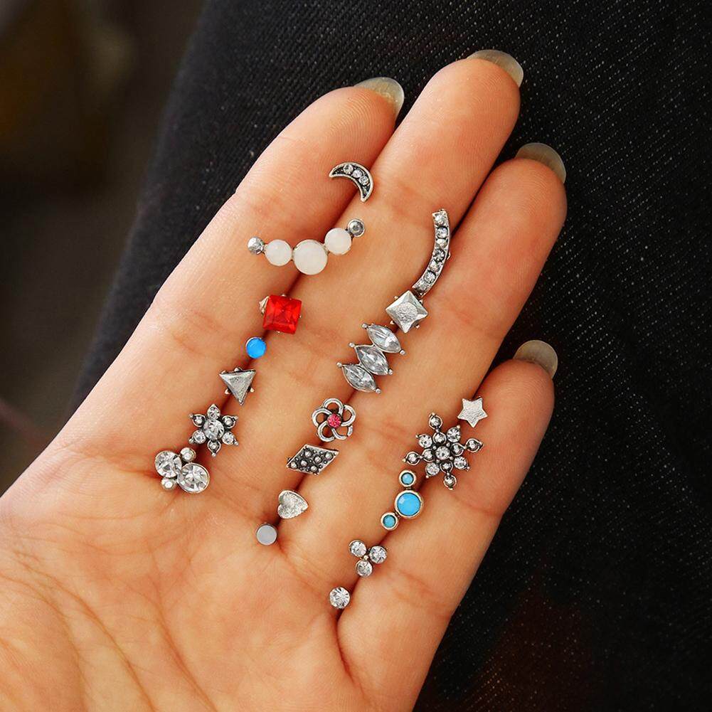 Bluelans®19 Pcs Vintage Wanita Berlian Imitasi Hias Salju Hati Bulan Anting Stud Perhiasan By Bluelans.
