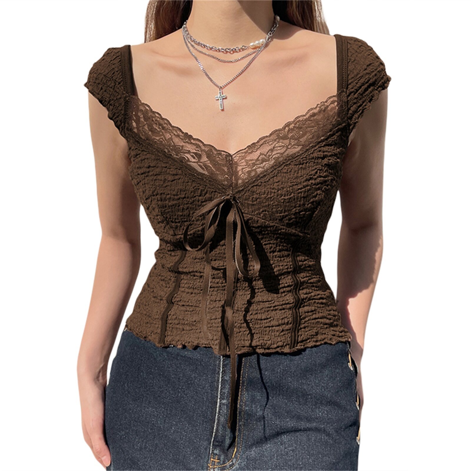 Y2K Gấp V Cổ áo hở eo Phụ Nữ trang phục ghép mảnh ren thanh lịch Mỏng Nâu Fairycore Grunge T-Shirt Lady Thời Trang Phố thời trang Hàn Quốc Trang Phục