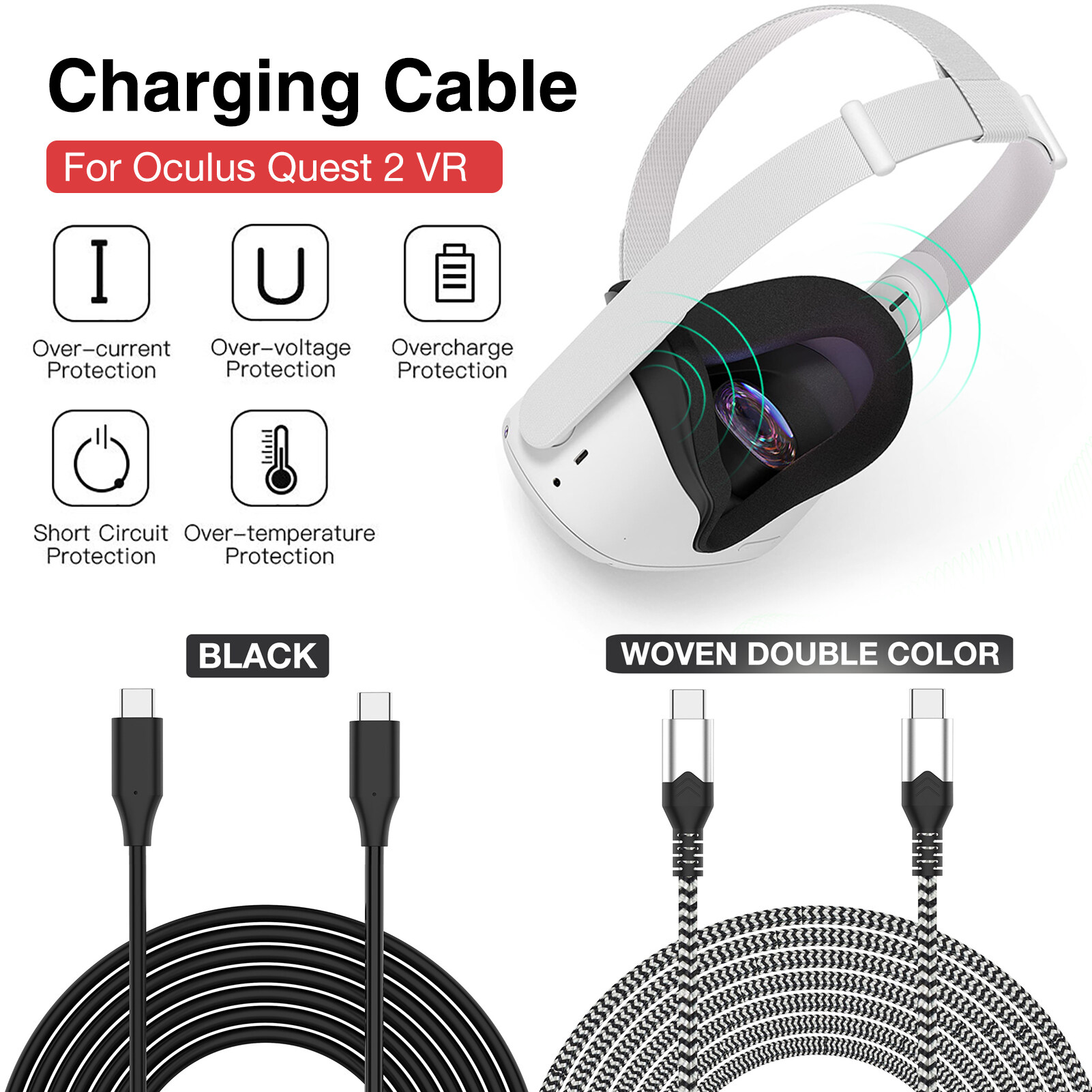 ทองแดงลวด3A หูฟัง VR Link สายป้องกัน Multifunction Charging ทนทาน5อุปกรณ์หลักน้ำหนักเบาแบบพกพา10ft สำหรับ Oculus Quest 2