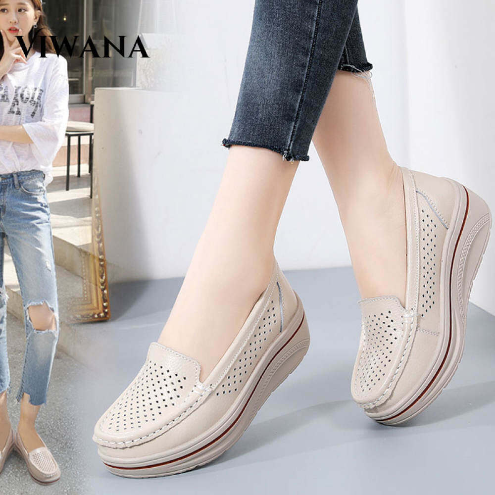 VIWANA Giày Wedges Đối Với Phụ Nữ Hàn Quốc Phong Cách 5Cm Da Chính Hãng