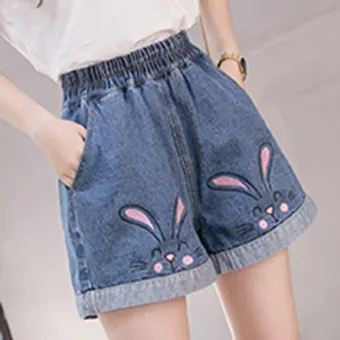 denim elastic waist shorts