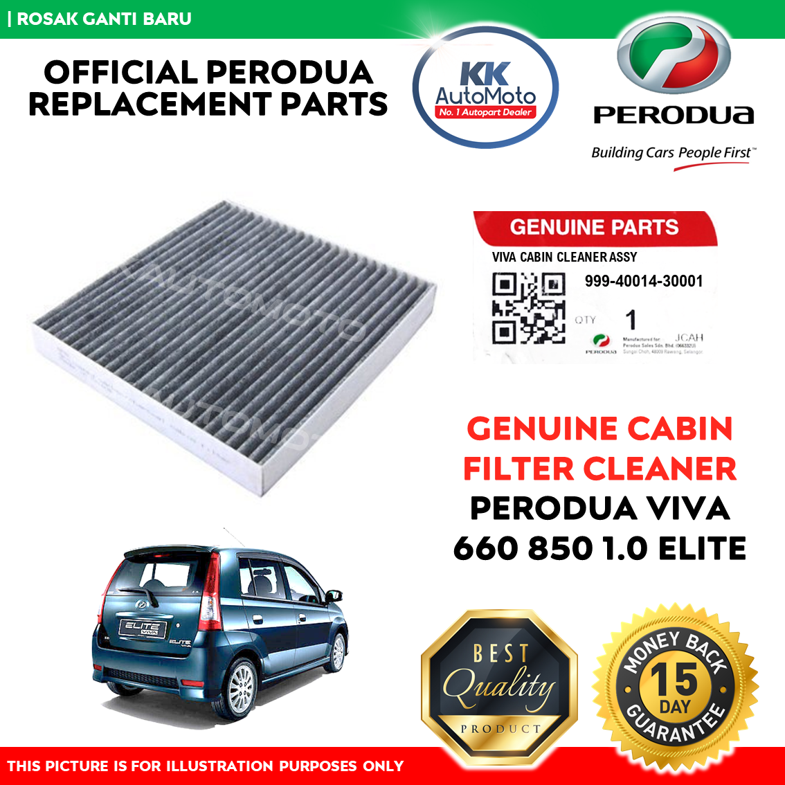 Genuine Charcoal Cabin Air Filter Penapis Udara Cleaner Perodua Viva 660 850 1.0 Elite 999