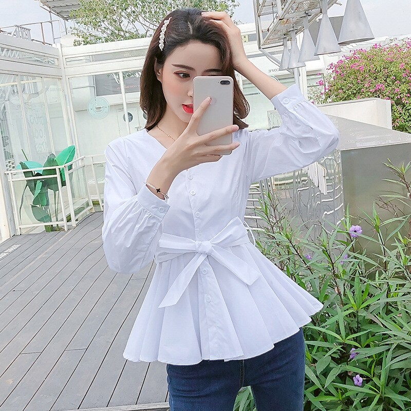 Lifa S-3XL Áo sơ mi trắng dây nơ thon eo dài cổ chữ V phong cách phương Tây mới-Áo Sơ Mi Cánh Tay Dà
