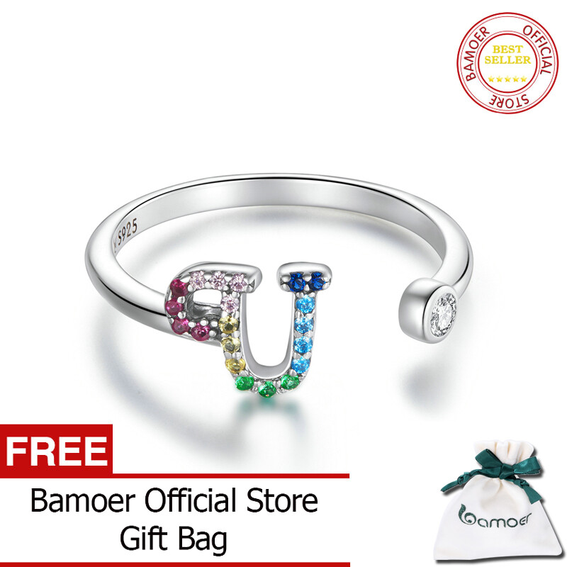 BAMOER 925 Sterling Silver Stackable Initial Letter Rings for Women Capital Letter Adjustable Ring Size 6-8 Jewelry SCR723