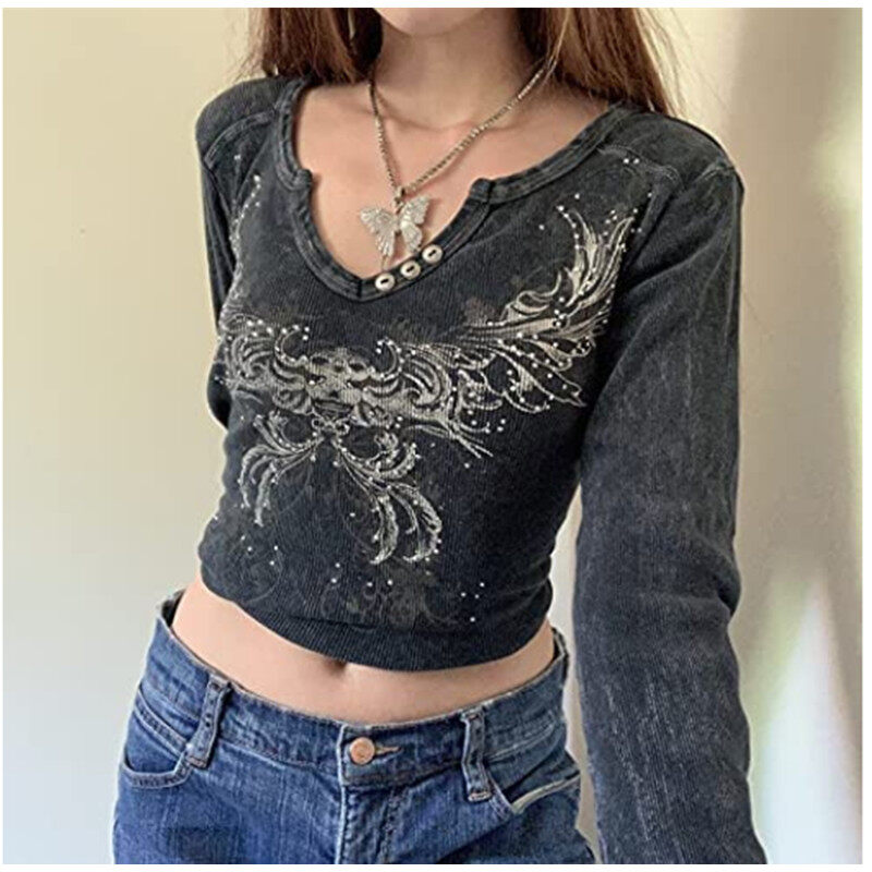 Y2K Grunge Autumn Y2K Crop Top Printed Long Sleeve Rhinestone T Shirt Women Casual O Neck Pullovers E girl Tee TShirt Harajuku