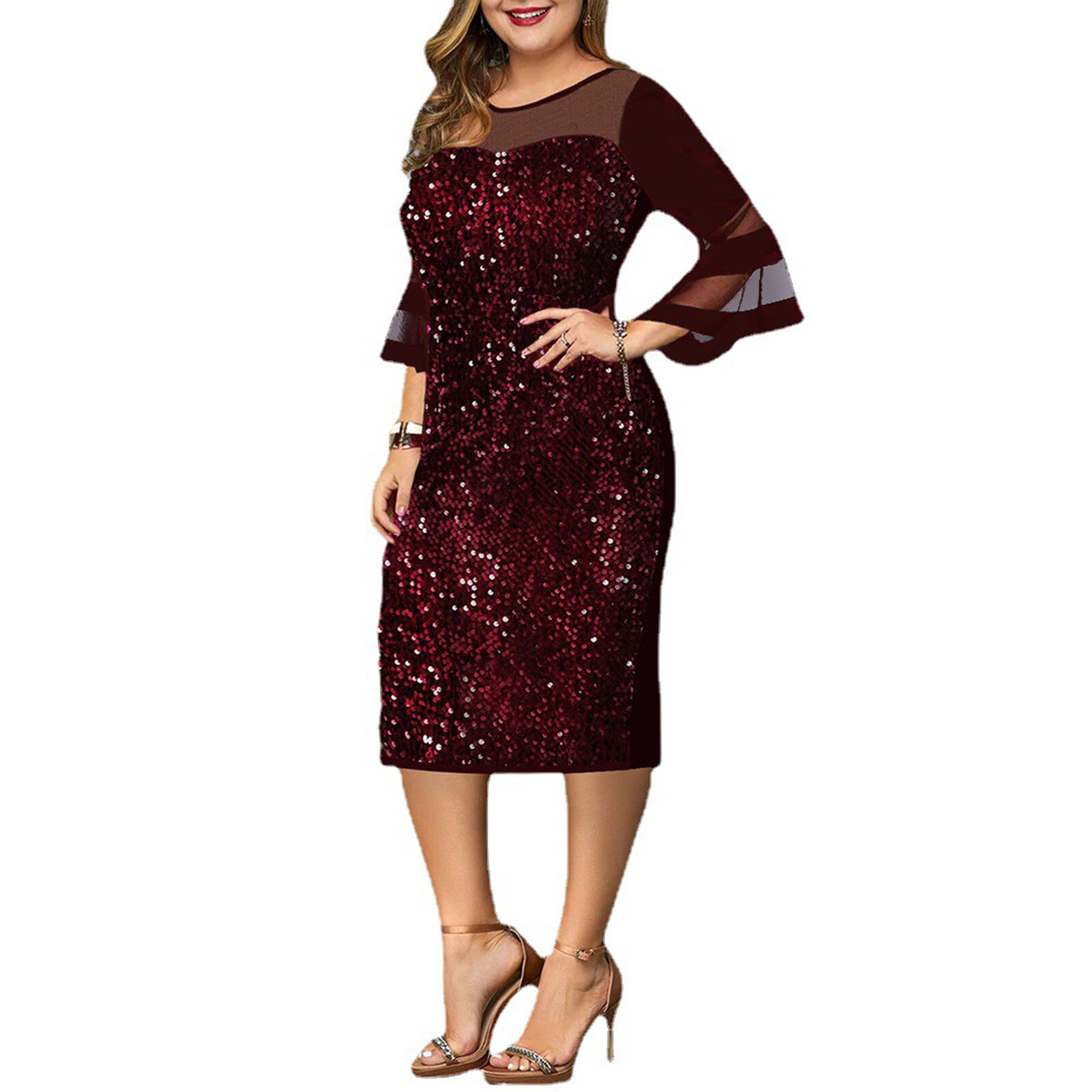 Huahankuang Formal Dress Sequined Net Yarn Plus Size Flare Sleeve Bodycon Dress for Wedding Formal Dress Sequined