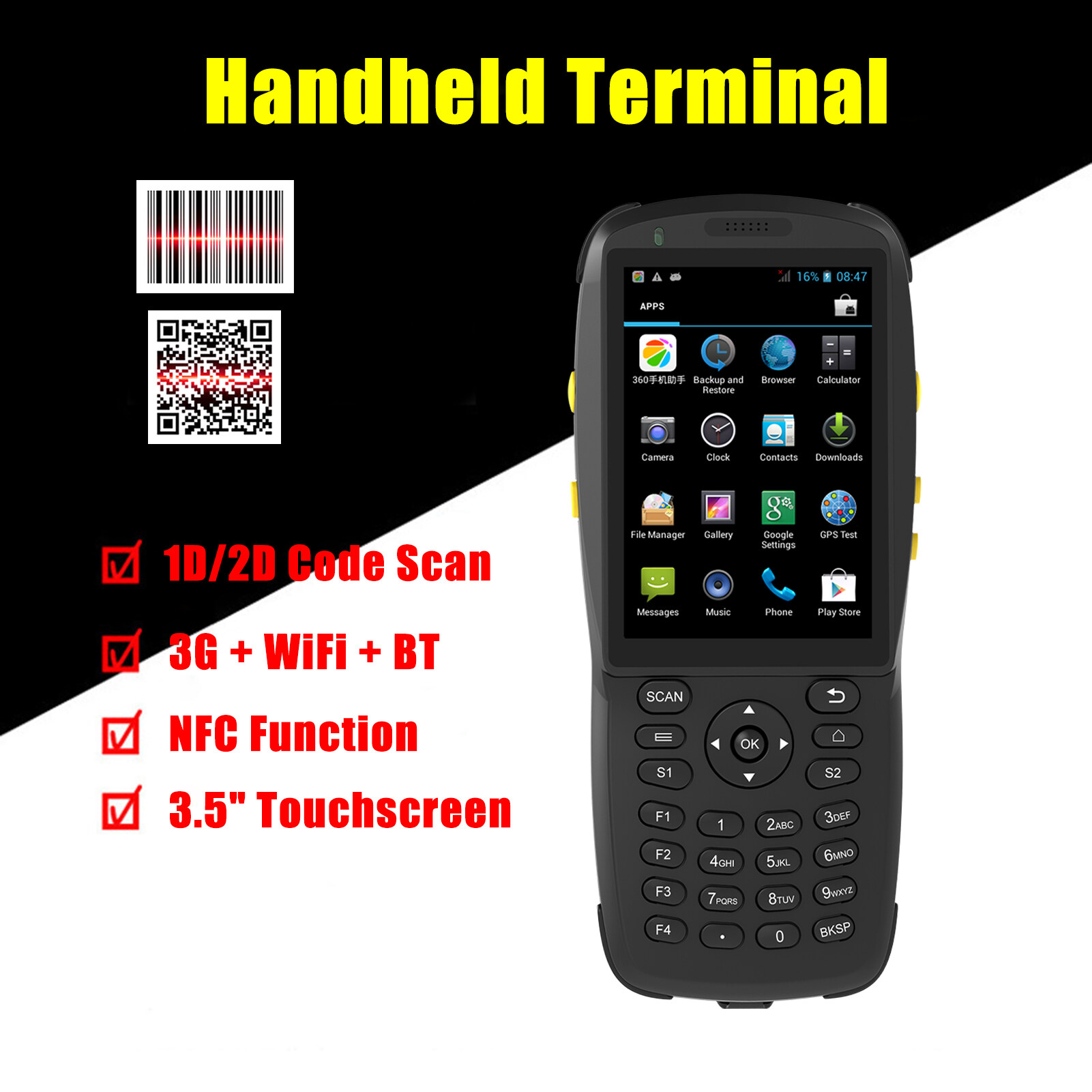เครื่องสแกนบาร์โค้ด Android PDA เครื่อง POS แบบมือถือ Terminal เครื่องนับสินค้าคงคลัง1D/2D/เครื่องสแกนคิวอาร์3G WiFi BT คอมพิวเตอร์แบบพกพา3.5นิ้วหน้าจอสัมผัส NFC สำหรับสินค้าคงคลังคลังสินค้าโลจิสติกส์ขายปลีก