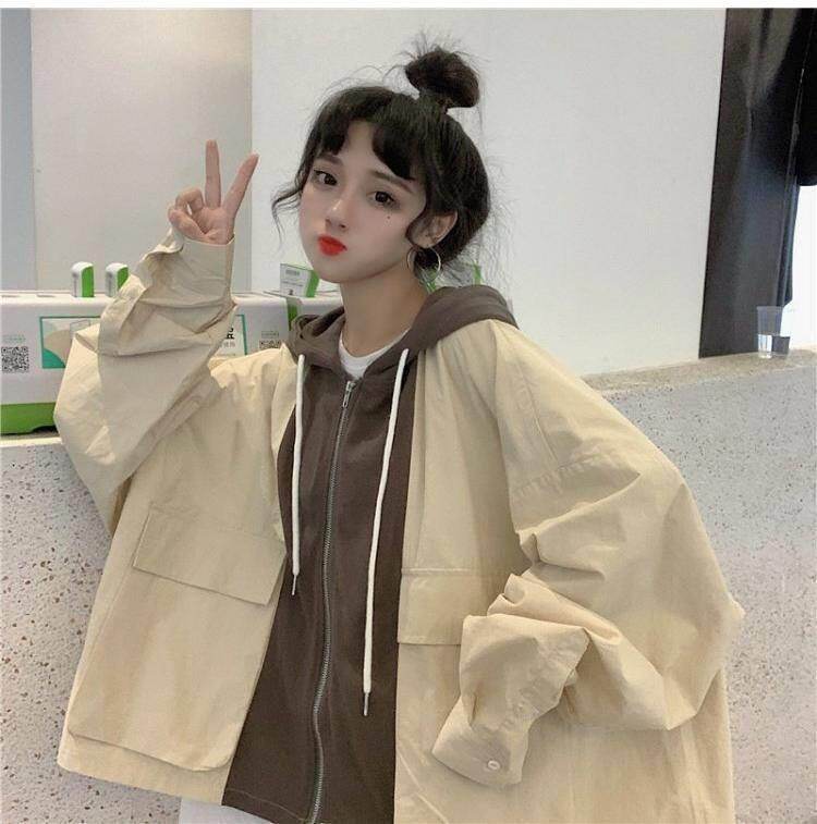 Contrast Stitching Wild Loose Baseball Uniform Hooded Overalls Jacket