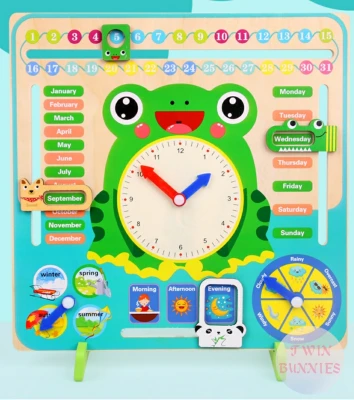 Early Education Toys Wooden Cartoon Frog Multi-functional Calendar Clock Children Cognitive Times Weathers Seasons Early Learning Toys Self-displined