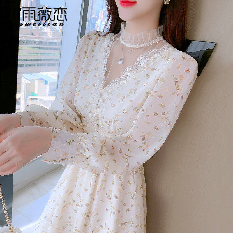 Spring and Autumn Women's Floral Chiffon Long Sleeve Dress Long Thin Waist Slim Waist Skirt