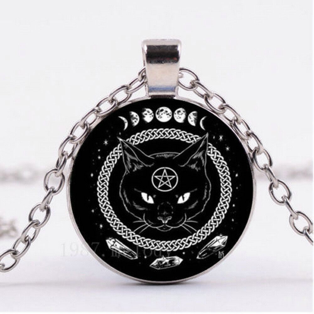 Sanhe Cabochon Black Cat Glass Necklace Bronze Five-pointed Star Pendant