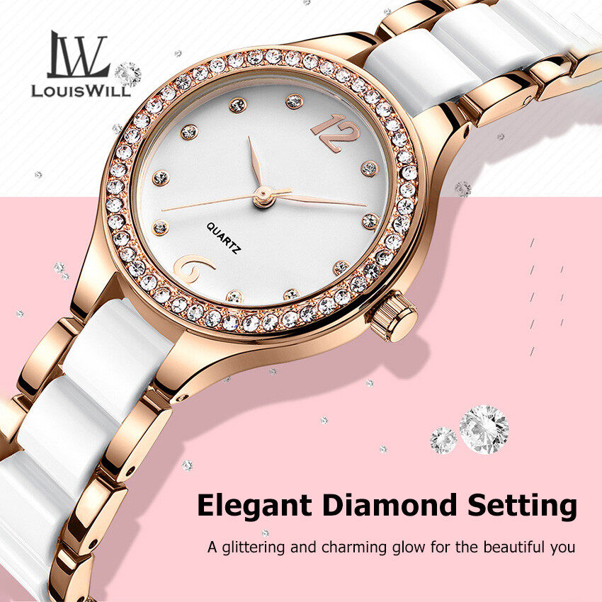 LouisWill Women Watches Diamond Casuals Fashion Ceramic Strap Watches Quartz Watches Round Dial Watches 3ATM Waterproof Watches Business Wristwatch for Women Ladies