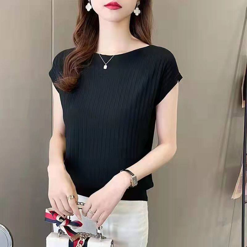 100kg Women's T-shirt Summer New Ice Silk Knit High Grade Off Shoulder Loose Slim Top