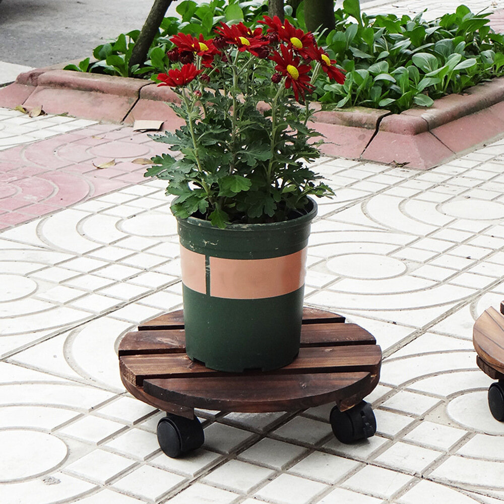 Rolling Wooden Planter Caddy Potted Plant Stand with Wheels Round Flower Pot Rack Indoor Outdoor Planter Trolley with 360 degree Rotating Casters Rolling Tray