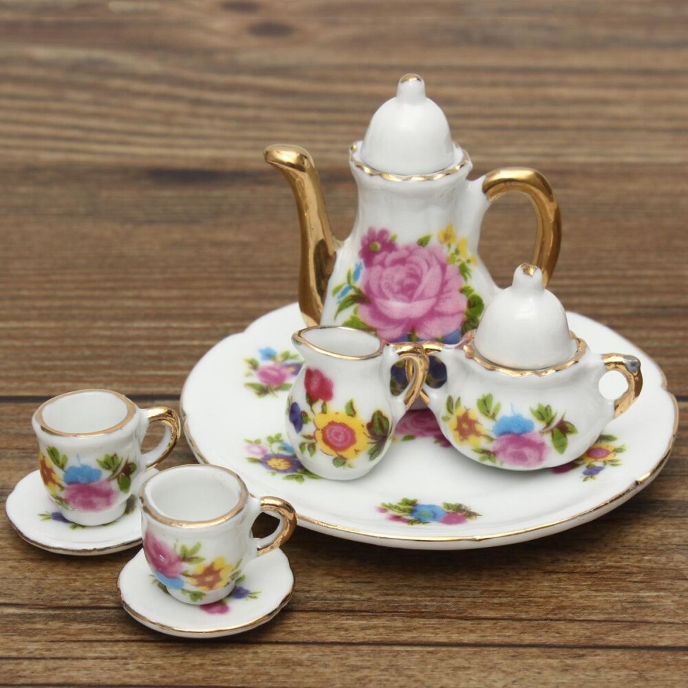 8 bộ ấm trà bằng sứ cái/bộ ấm trà cà phê phong cách retro gốm sứ đồ chơi cốc hoa
