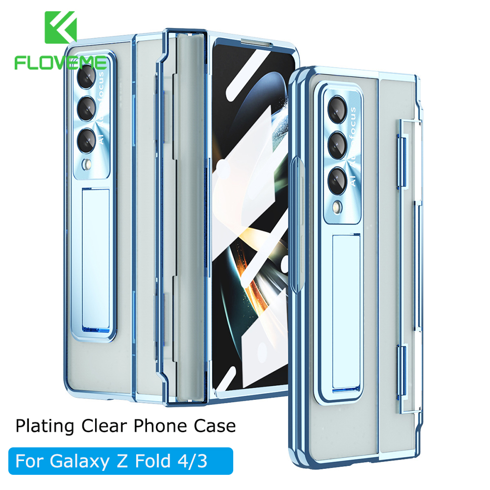 Floveme plating clear phone case for samsung galaxy z fold 6 z fold 5 fold 4 fold 3 5g with kickstand full screen protector hard pc back cover for galaxy z fold 6 z fold 5 fold 4 fold 3