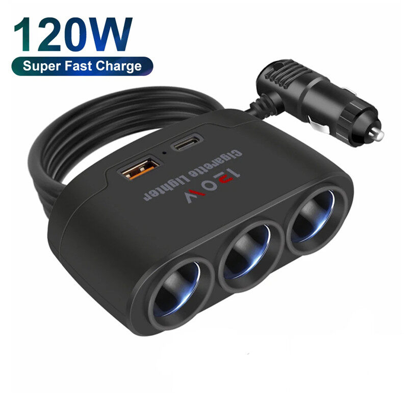 Aitemay 120w car charger adapter 12v 24v 3 socket splitter dual usb led car fast charger for phone dashcam