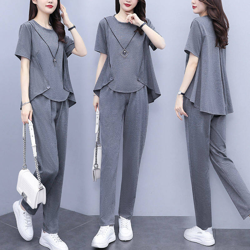 Women Loose Cover Meat Suit Summer Fat Sister Fashion Simple Cover Belly Was Thin Two-piece Suit