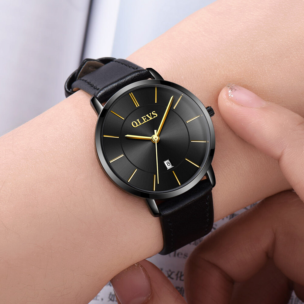 OLEVS đồng hồ quartz thể thao nữ thời trang dây da Không thấm nước và thoáng khí Ngày, dạ quang Gương kính sapphire