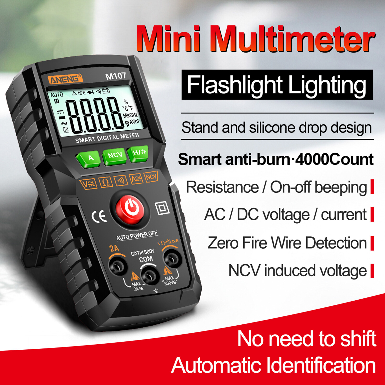 KKmoon ANENG Đồng Hồ Vạn Năng Kỹ Thuật Số Thông Minh M107 Đồng Hồ Vạn Năng NCV 4000 Số Đếm Máy Kiểm Tra Đa Năng Cầm Tay Vôn Kế Ampe Kế Có Đèn Nền Đèn Pin Đo Điện Áp & Điện Trở Dòng Điện AC/DC Phát Hiện Dây Lửa Bằng Không